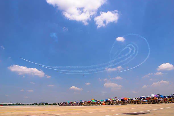 ブライトリングジェットの下にあるスカイチームのロイヤル - flying air vehicle performance airshow ストックフォトと画像