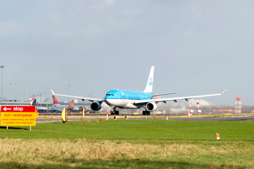 Schiphol, The Netherlands - January, 21 2007: A KLM airplane is preparing for take off at Schiphol Airport.