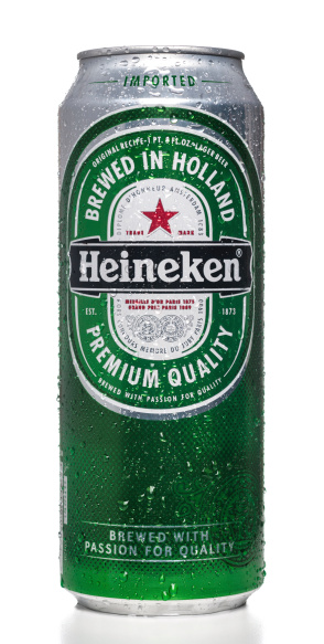 Miami, USA - October 12, 2013: Heineken 1 pint beer can. Heineken brand is owned by Heineken Brouweijeb B.V.