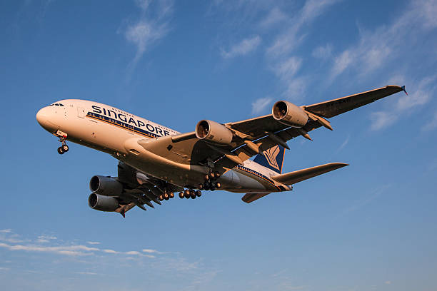 Zurich, Switzerland - September 6, 2010: A Singapore Airlines Airbus A380 is approaching runway 14 at Zurich International Airport.