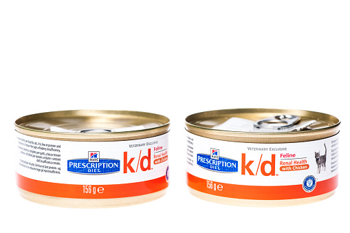 Bucharest, Romania - November 4, 2013: Hills pet food company produced diet food for cat and dog care. Hills pet food available 86 counties all over the word. This photo showing 156 gr prescription diet can for cat with kidney problem.