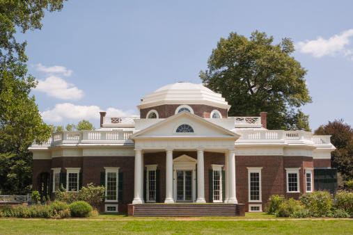 Charlottesville, VA, USA - August 7, 2010: The nickel view of the neoclassical Monticello, the national historic landmard and famous estate of Thomas Jefferson, built in 1772.