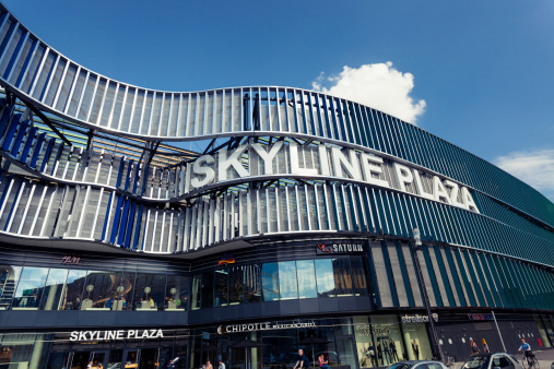 Frankfurt, Germany - September 6, 2013: Entrance and facade of the Skyline Plaza shopping mall in Frankfurt, Germany. The Skyline Plaza is a large shopping mall with around 180 shops and restaurants, it opened on 29 August 2013. The building is located in the new developed housing and business area \