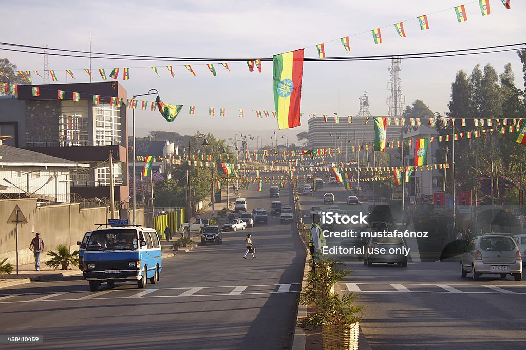 South Africa Street in Addis Ababa Addis Ababa, Ethiopia - January 15, 2013 : South Africa Street has been decorated with flags for Ethiopian Epiphany Celebration. Addis Ababa Stock Photo