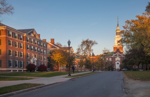 Hanover, NH, USA - October 13, 2013: Dormitories line the Tuck Mall at New Hampshire's Dartmouth College. Hanover, NH.