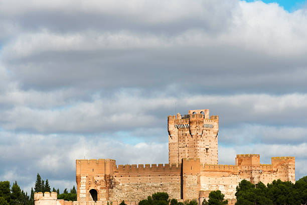 Castle of La Mota, Medina del Campo Medina del Campo, Spain - November 3, 2013: Panorama view of the famous castle Castillo de la Mota in Medina del Campo, Valladolid. This reconstructed medieval fortress, started in 1080, is currently declared as Spanish Heritage of Cultural Interest, being one of he best preserved in Spain. keep fortified tower photos stock pictures, royalty-free photos & images