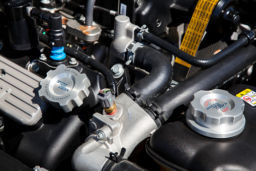 Dartmouth, Nova Scotia, Canada - August 24, 2013: At a public gathering of Mustang vehicles, Close up of engine components of a 2009 Ford Shelby GT500KR.  The Ford Shelby GT500KR features a 540 horsepower 5.4-liter, supercharged V-8 engine.  The KR 