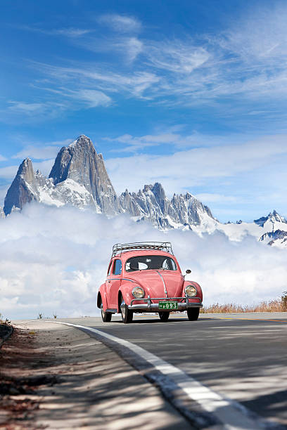 céu azul sobre volkswagen beetle na patagônia argentina - beetle imagens e fotografias de stock