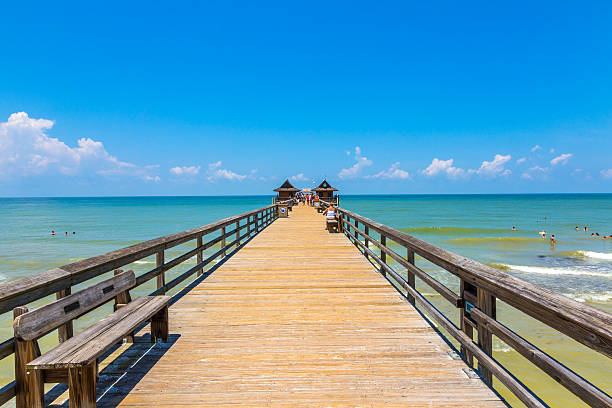 mezzogiorno a napoli molo sulla spiaggia e golf del messico, florida - florida naples florida pier beach foto e immagini stock