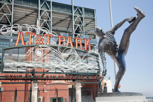 San Francisco, California, USA - May 10, 2011: A life size statue of Lefty O'Doul at the Third and Berry Street enrance to ATT Park, home of the 2010 World Series champions the San Francisco Giants. Built in 2000 the park is designed to seat 42,000 spectators.
