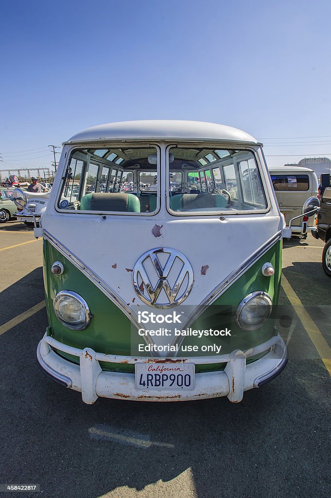 VW Deluxe Microbus Type 2 Samba Bus (1960s) Pomona, California USA - 20 October 2013: Partially restored early 1960s VW Deluxe Microbus Type 2 Samba-Bus on display at Pomona Classic Car Show and Swap Meet east of Los Angeles. Blue Stock Photo