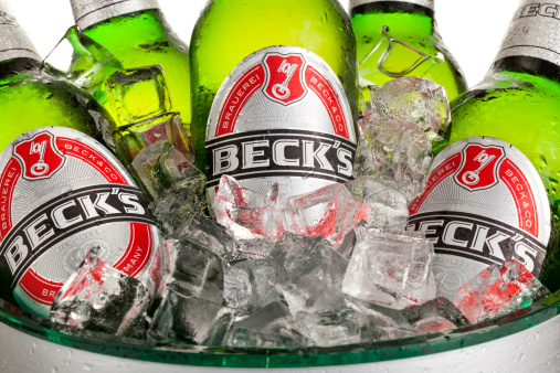 Turkey, Antalya - April 10, 2013: Beck's beer bottles with ice. Beck's beer brewed by Brauerei Beck & Co in Bremen, Germany