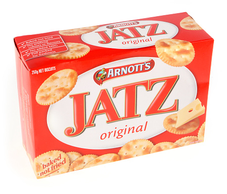 Brisbane, Australia - 08 March, 2011: Isolated studio shot image of a box of Arnotts Jatz Original Biscuits / Crackers.