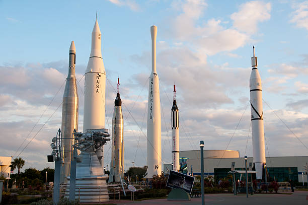 Rocket Garden in Sunset Cape Canaveral, Florida - March 2, 2010: The Rocket Garden at the Kennedy Space Center Visitor Complex during sunset.  The Rocket Garden features eight milestone launch vehicles from KSC's history. nasa kennedy space center photos stock pictures, royalty-free photos & images