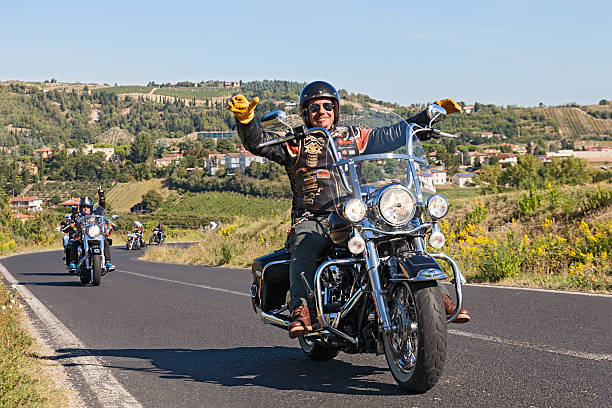 happy driver riding harley davidson - harley davidson engine motorcycle style fotografías e imágenes de stock