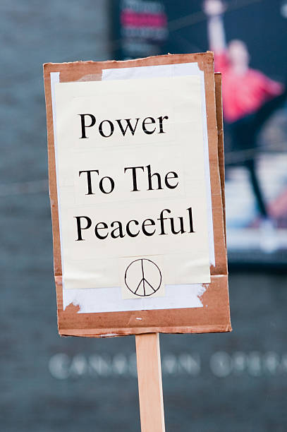 Toronto, Canada - June 26, 2010: Close up of a protest sign that reads "Power To The Peaceful".  Taken during the protests of the G20/G8 summits in Toronto on June 26th, 2010.