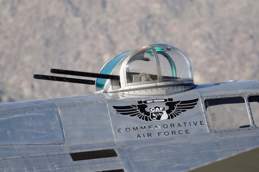 Palm Springs, United States - February 1, 2011: Boeing B-17G, Sentimental Journey, sitting on the tarmac at Palm Springs Airport in between fund raising flights during it\'s spring U.S. tour. Close up image of the top turret.