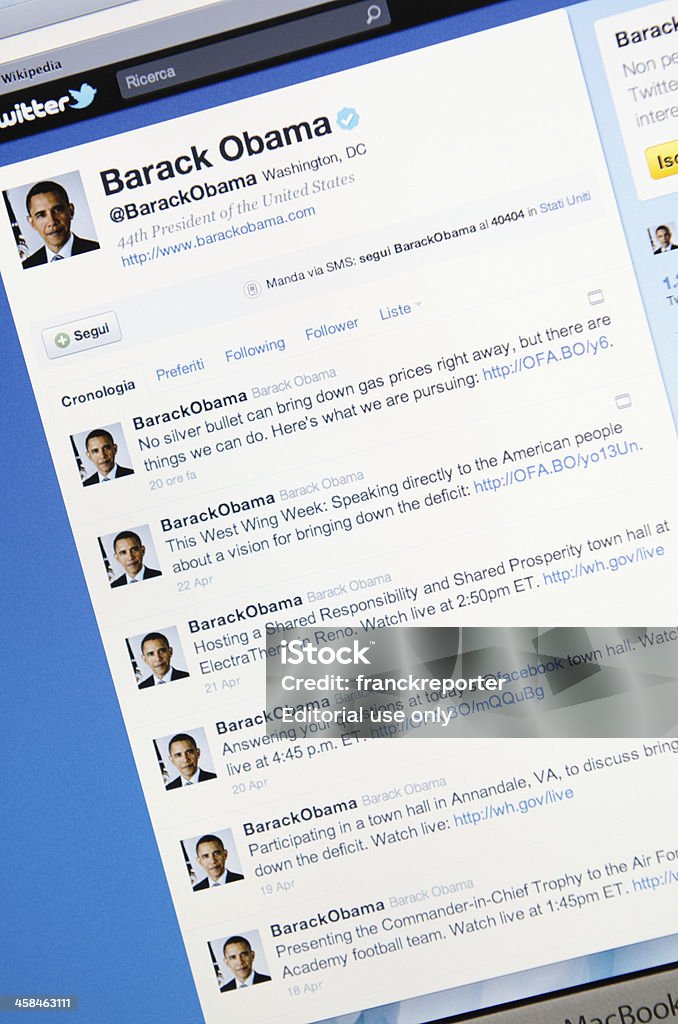 Barack Obama twitter fan page Florence, Italy - April 24, 2011: Barack Obama twitter fan page on computer screen lcd monitor. It is a public page in the twitter.com social network of Barack Obama president of the United States of America. Twitter.com is one of the largest social media network on the web. Safari web browser. .com Stock Photo