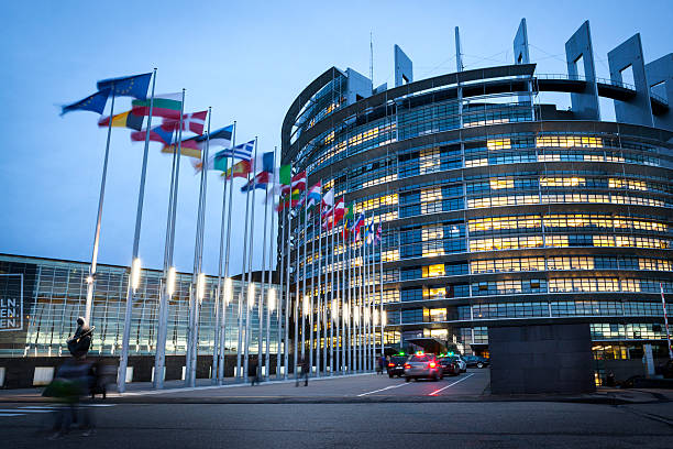 zmierzch, parlament europejski w strasburgu, francja - european parliament government flag europe zdjęcia i obrazy z banku zdjęć