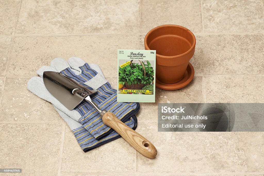 Gardening Chillicothe, OH, USA - June 6, 2011: Page Seed Valley Greene parsley seed packet with garden gloves; garden trowel; and a flower pot. Seed Packet Stock Photo