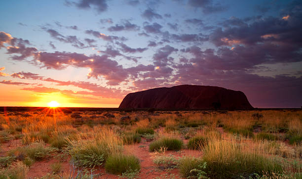 uluru au lever du soleil - uluru australia northern territory sunrise photos et images de collection