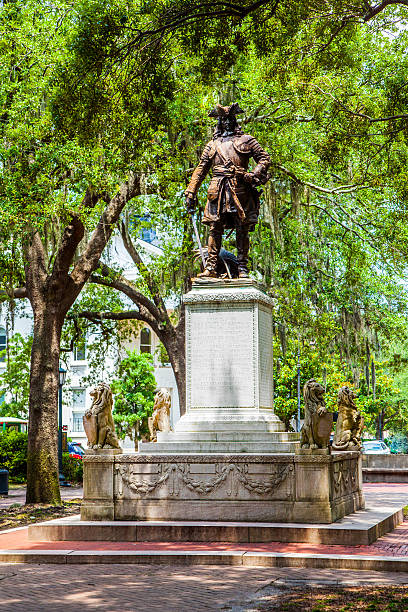 Savannah, USA - July 22, 2010: memorial of General Oglethorpe  in Savannah, USA. In 1733  General James Oglethorpe and 120 passengers landed on the river Savannah.