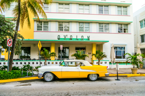 USA - Miami - South beach - Cuban yellow car on ocean Drive