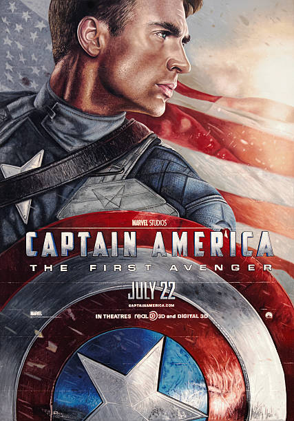 Captain America: The First Avenger - Movie Poster Los Angeles, California, USA - July 25, 2011: Poster of the film \"Captain America: The First Avenger\". The movie is based on the Marvel Comics superhero and stars Chris Evans in the role of the main character. film poster stock pictures, royalty-free photos & images