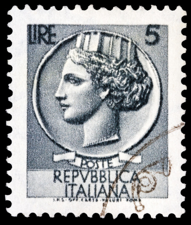Vilnius, Lithuania- May 27, 2013: Italian post stamp shows Italia Turrita, circa 1953