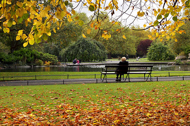 Dublin, Ireland - October 16, 2009 : A young woman is sitting on the bench at Merrion Square Park in Dublin in Autumn.