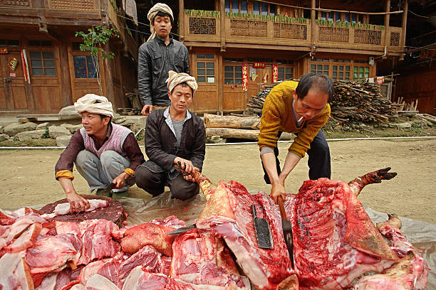 Asian ax cuts carcass of pig on rural road. Zengchong village, Guizhou, China - April 12, 2010: Chinese peasants, farmers, pork is cut on a rural road in Zengchong village, province of Guizhou, April 12, 2010. Chinese farmer livestock, pigs carcass of cuts ax. pig farmer china stock pictures, royalty-free photos & images