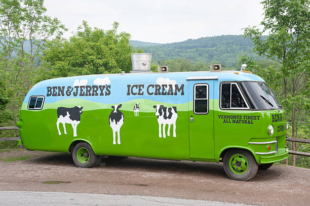 Waterbury, Vermont, USA - May 29, 2011: The &amp;quot;Cowmobile&amp;quot; at Ben and Jerry's ice cream manufacturing headquarters in Waterbury, Vermont. The Cowmobile is a converted mobile home and was used to distribute free ice cream in a cross-country marketing campaign. Ben and Jerry's is a retail company started in Burlington, Vermont in 1978. It is a division of Unilever, a British-Dutch conglomerate, and manufactures super-premium ice cream, frozen yogurt and ice cream novelties.