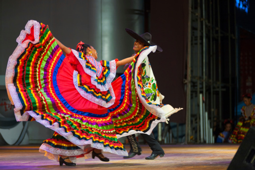 Seoul, Korea - September 30, 2009: A traditional Mexican Jalisco dancer spreads her red dress during a folk show at a public outdoor stage at city hall in Seoul, South Korea on September 30, 2009