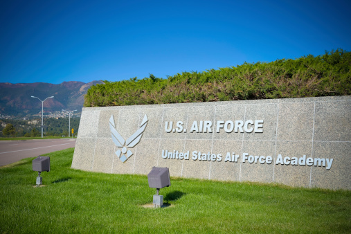 Colorado Springs, Colorado, USA - October 6, 2013: The entrance to the United States Air Force Academy in Colorado Springs with Rocky Mountains in the background.