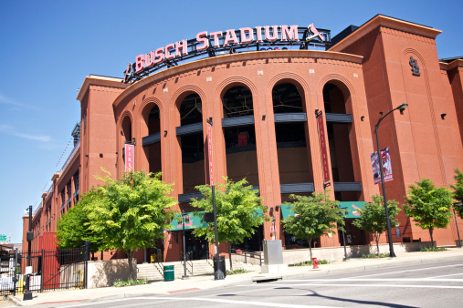 St. Louis, MO, USA - April 29, 2011: Street view of the New Busch Stadium which is home to the St. Louis Cardinals Major League Baseball team. This is the First Base entrance.