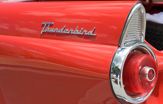 Buena Vista, Colorado - July 3, 2010:  A renovated 1955 Ford Thunderbird looks brand new, with its signature tail light fins.