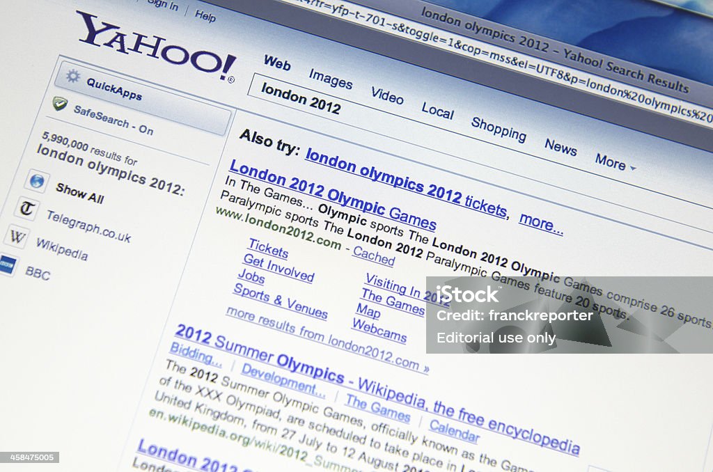 Londres 2012 resultar em Yahoo.com motor de pesquisa - Royalty-free 2011 Foto de stock