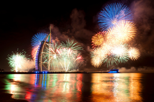 Dubai, United Arab Emirates - January 1, 2011:New years eve fireworks, Jumeirah beach, Dubai