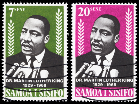 Sacramento, California, USA - March 19, 2011: Composite image of two Western Samoa postage stamps with images of Martin Luther King, Jr. speaking into microphones. The stamps were issued in 1968 to memoralize King (1929-1968) after his assassination earlier that year.