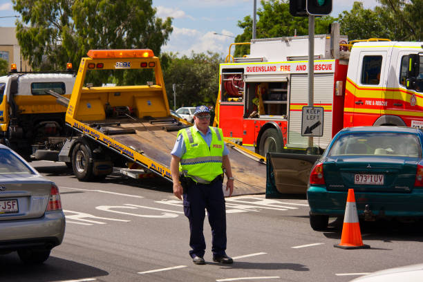 Police, tow truck and firebrigade stock photo