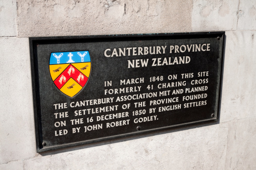 London, England - April 25, 2011: New Zealand Canterbury Province plaque in Whitehall, London. In March 1848 the Canterbury Association met and planned the English settlement organised by John Robert Godley, who had led a preliminary group of settlers there in April of 1850. The first wave of 750 settlers arrived at Lyttleton Harbour on the 16th December 1850 in a fleet of four ships. Canterbury Province itself was formed in 1853: the Provincial Government was abolished in 1876. The capital of the Province of Canterbury was Christchurch.