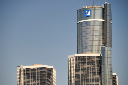 Detroit, Michigan, USA - March 30, 2010: The towers of the Detroit Renaissance Center, the world headquarters of the General Motors Corporation.