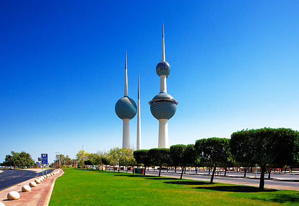 Arabian Gulf beach and the famous Kuwait Towers in Kuwait City, Middle East
