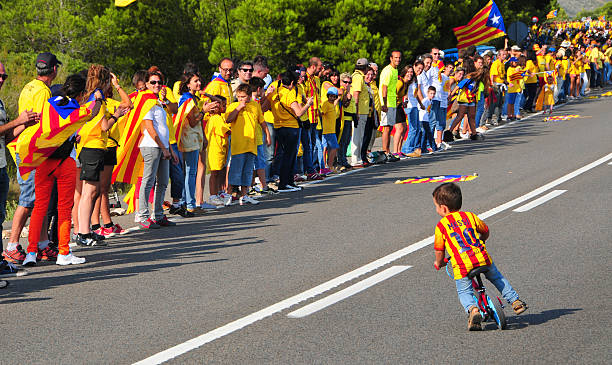 Ametlla de Mar, Spain - September 11, 2013 : Partakers in the Catalan Way  in Ametlla, Spain. 1,6 million people took part in the human chain supporting the independence of Catalonia