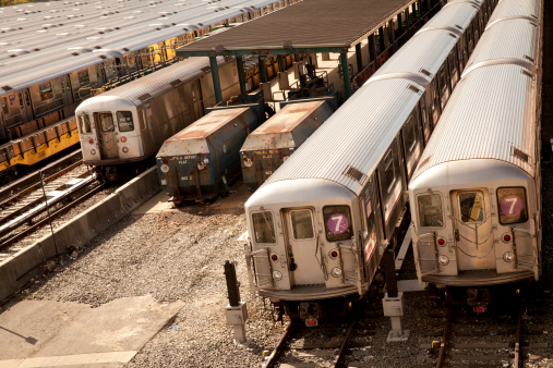 New York, USA - October 12, 2013: New York subway trains at the end of the No. 7 line, near Flushing Meadow.