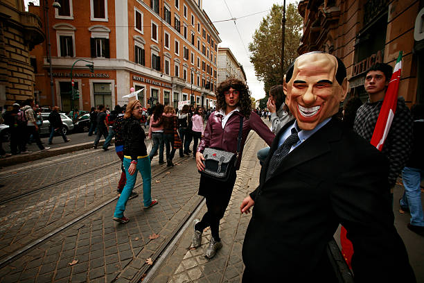 Rome, Italy-October 30th, 2008. Students with Prime Minister Silvio Berlusconi Mask protest against its Government and its new school reform