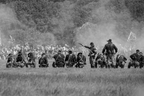 Gettysburg, PA, USA - July 4, 2013 Union and Confederate skirmish line at Gettysburg, PA 150th Anniversary.