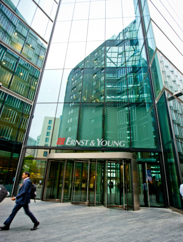 London, UK - April 26, 2011: Ernst & Young Headquarters, London, Man in business wear walking nearby.