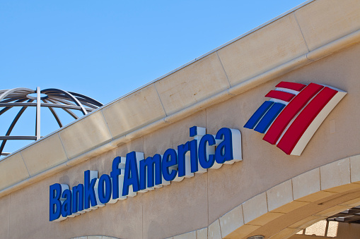 San Marcos, California USA - April 16, 2011: Bank of America Logo on banking outlet in mall on Twin Oaks Valley Road in San Marcos California. Bank of America Corporation is an American global financial services company, the largest bank holding company in the United States, by assets, and the second largest bank by market capitalization.