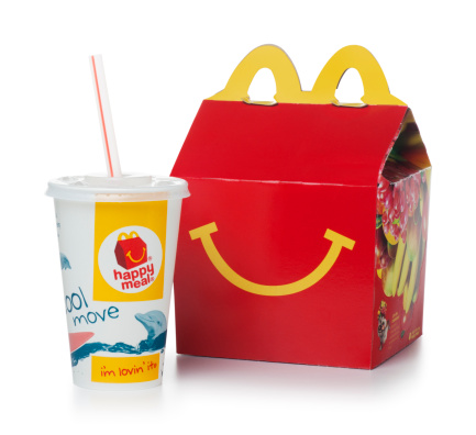 San Diego, California, United States - April 13th 2011: This is a photo taken in the studio on a white background of a McDonalds Happy Meal. It has often been brought in to question if fast food chains are to blame for obesity in America.